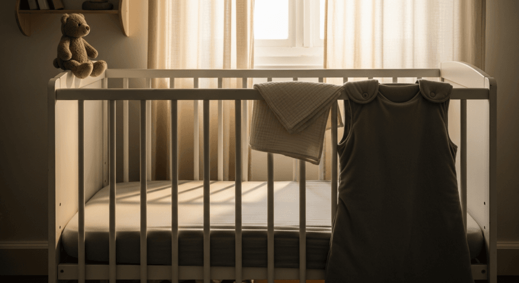 Empty white wooden cot with sleep bag in soft morning light