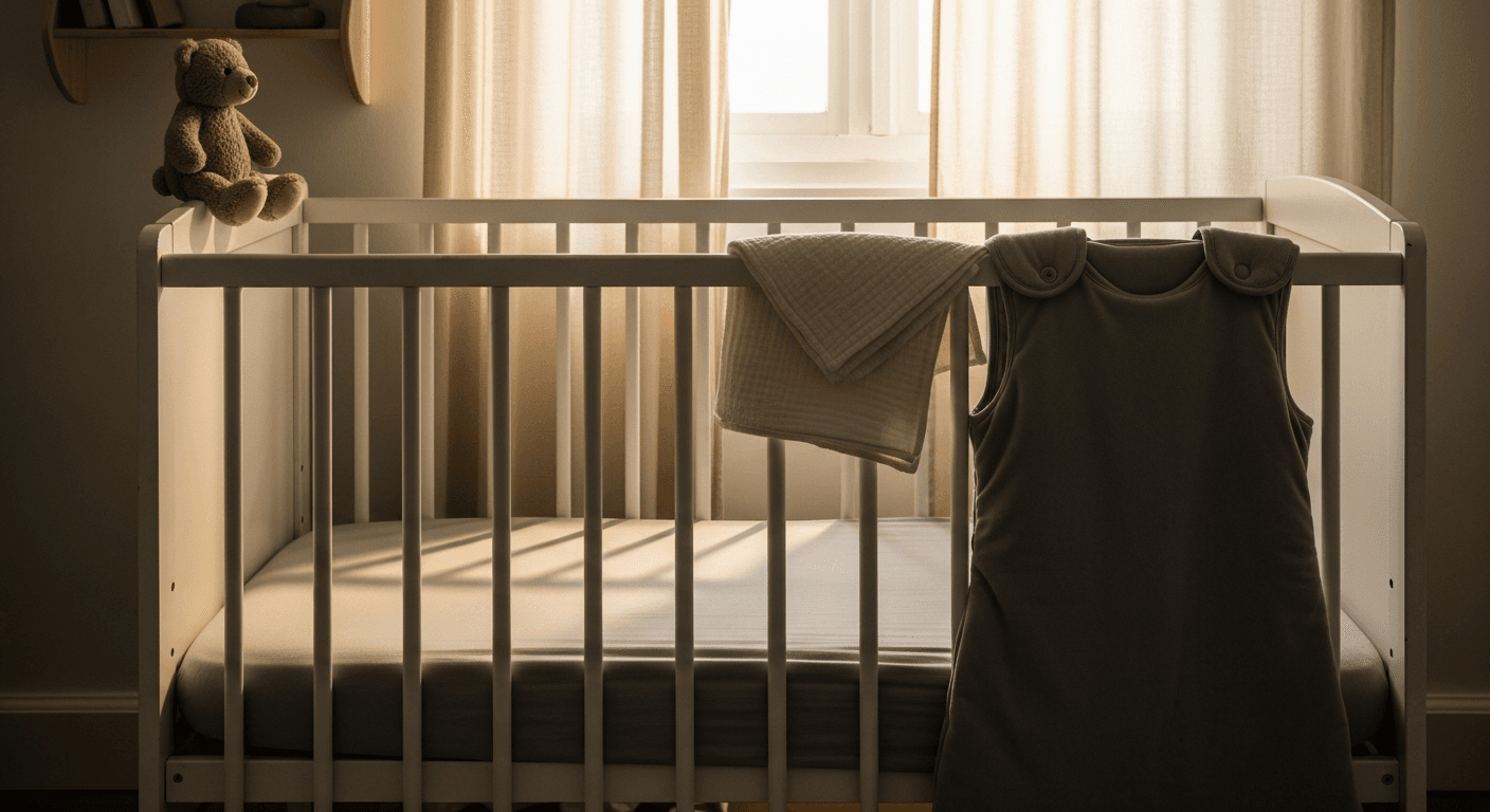 Empty white wooden cot with sleep bag in soft morning light