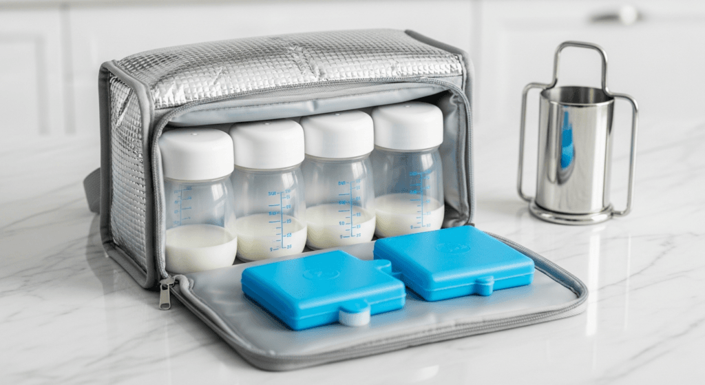 Labelled breastmilk bottles in an insulated cooler bag