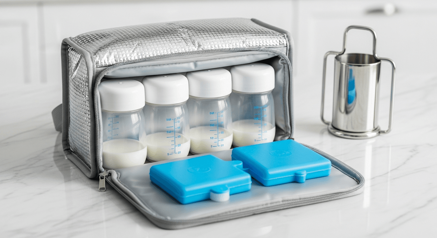 Labelled breastmilk bottles in an insulated cooler bag