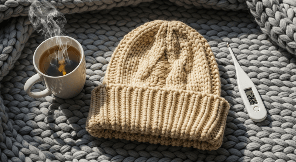 Baby beanie thermometer and tea on a knit blanket