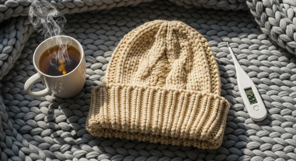 Baby beanie thermometer and tea on a knit blanket