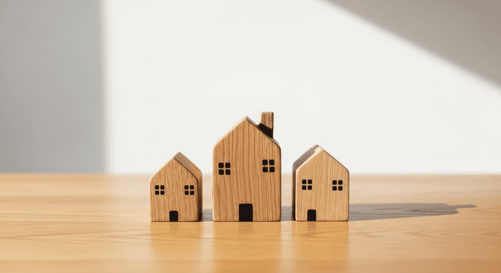 Three small wooden toy houses representing childcare options