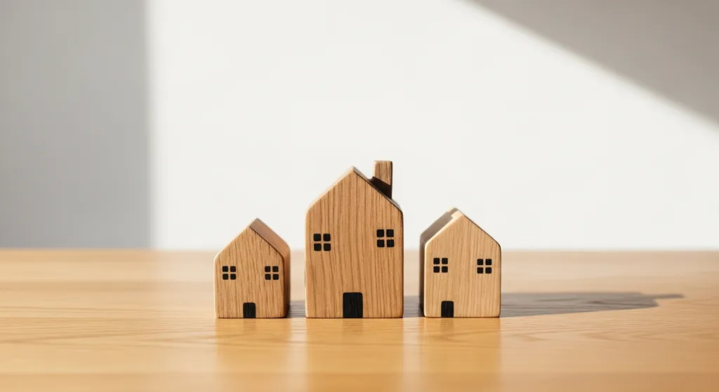 Three small wooden toy houses representing childcare options