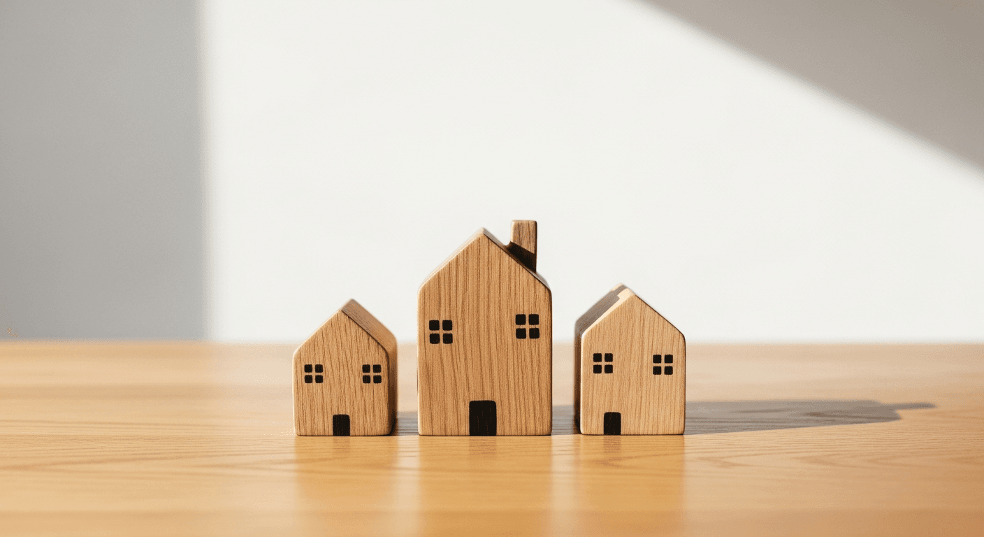 Three small wooden toy houses representing childcare options