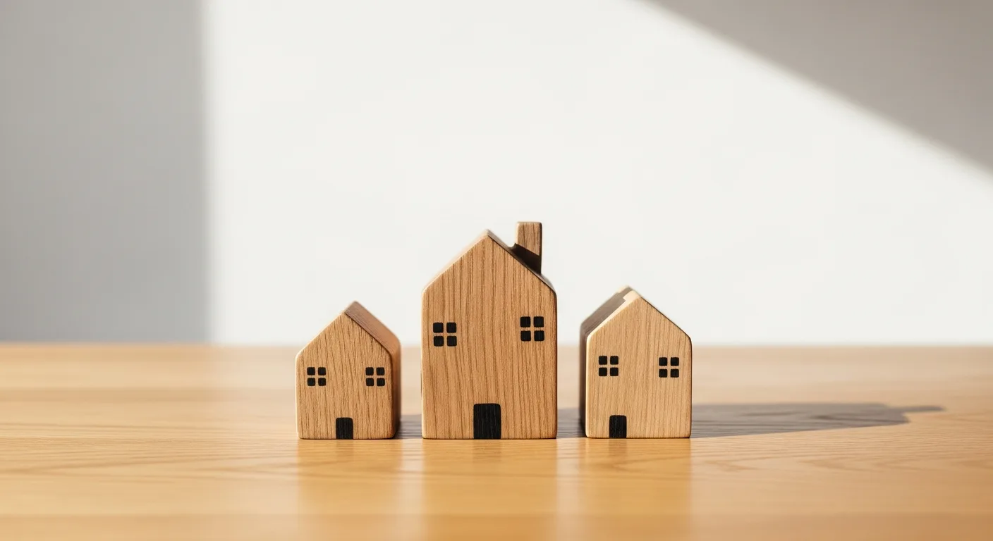 Three small wooden toy houses representing childcare options