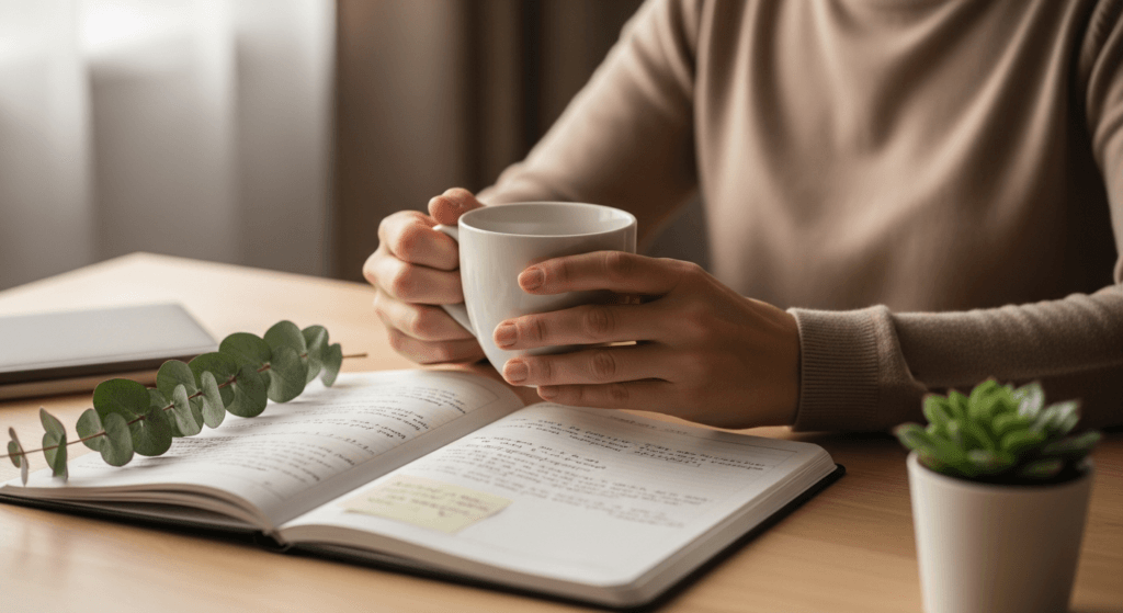 Hands holding coffee mug on desk with open planner