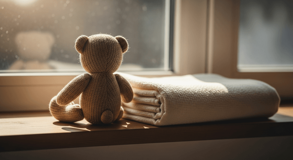 Small soft teddy bear and folded blanket on a sunlit window sill