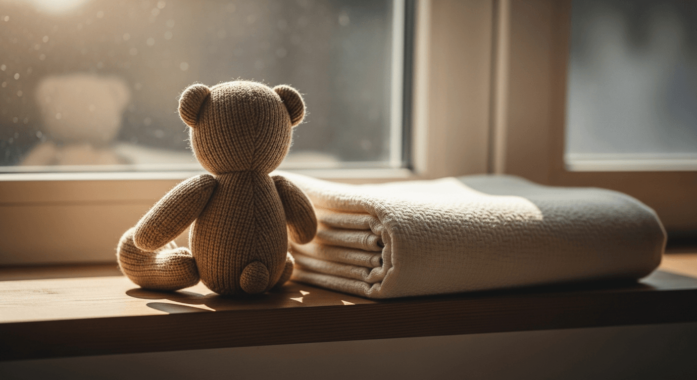 Small soft teddy bear and folded blanket on a sunlit window sill