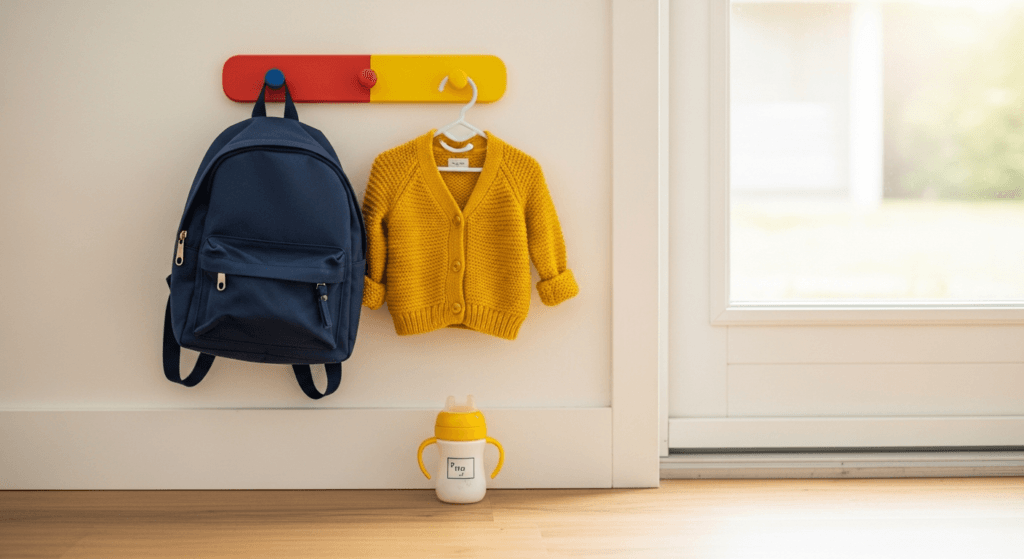 Child backpack on a daycare entryway coat hook