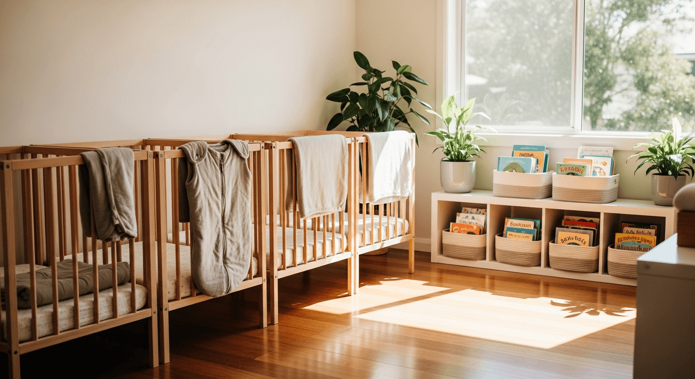 Calm childcare nursery interior with wooden cots and natural light