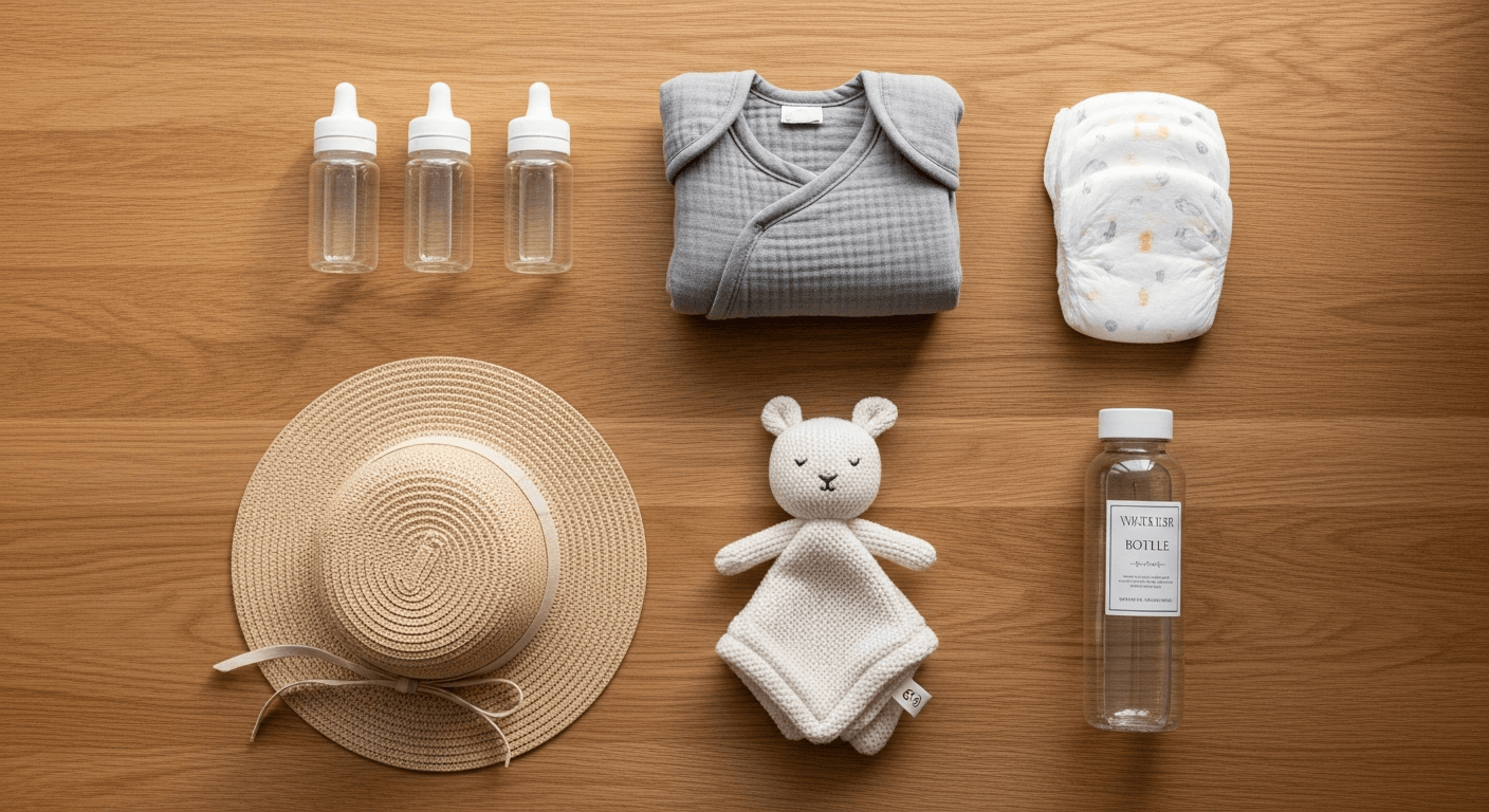 Flat-lay of baby daycare bag essentials on wooden surface