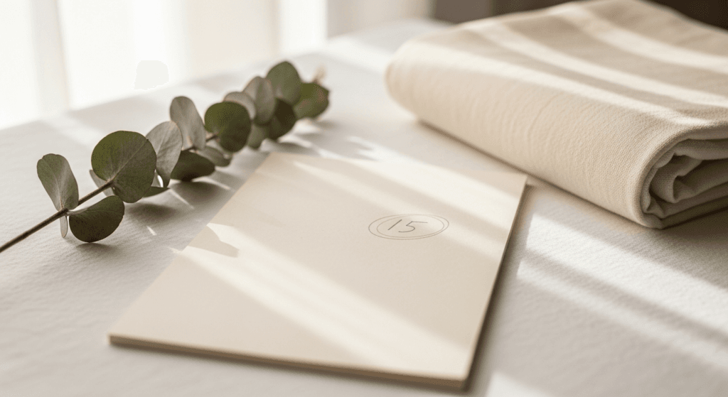 Calendar with a circled date next to eucalyptus and folded cloth