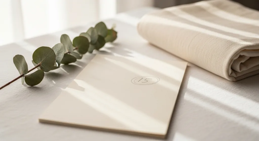 Calendar with a circled date next to eucalyptus and folded cloth